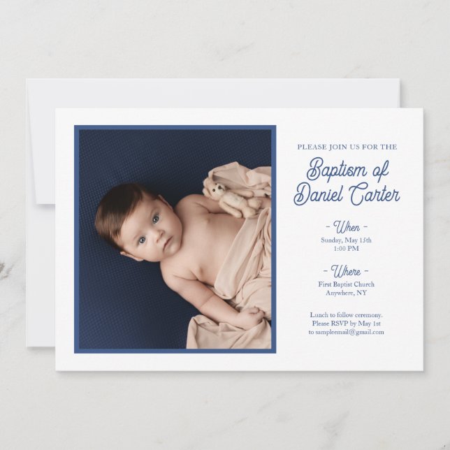 Invitación al bautismo azul minimalista (Anverso)