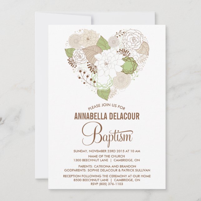 Invitación al Bautismo Cardíaco Floral Mint Whimsi (Anverso)