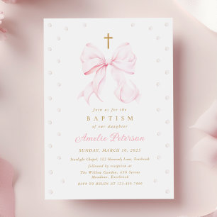 Invitación al bautismo Chica Bow & Pearls