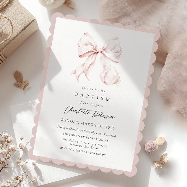 Invitación al bautismo Chica de Bow Rosado (Subido por el creador)