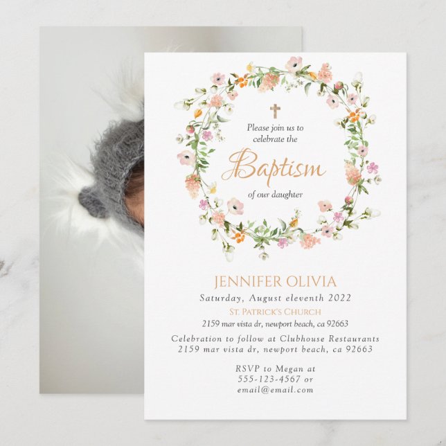 Invitación al bautismo Chica de flores silvestres (Anverso / Reverso)