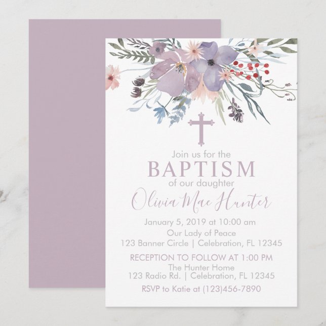 Invitación al bautismo Chica de las flores de Lila (Anverso / Reverso)