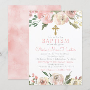 Invitación al bautismo Chica de rosa florece en la