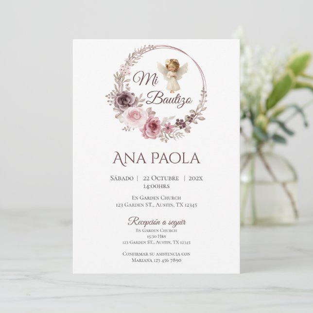 Invitación al bautismo chica en Boho español (Anverso de pie)