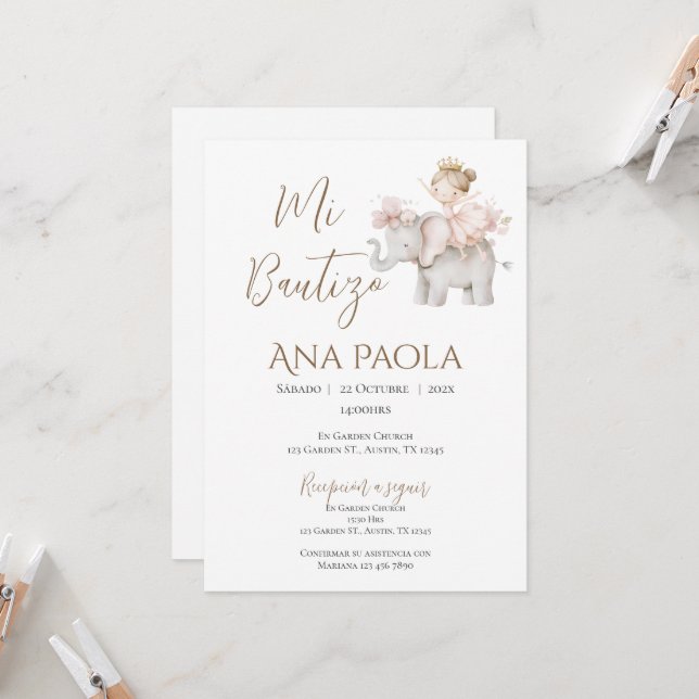 Invitación al bautismo chica en Boho español (Anverso/Reverso In Situ)
