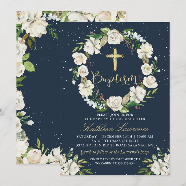 Invitación al bautismo Chica floral de invierno az (Anverso / Reverso)
