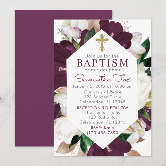 Invitación al bautismo Chica floral de orquídeas f (Anverso / Reverso)