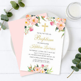 Invitación al bautismo Chica floral rosa acuarela