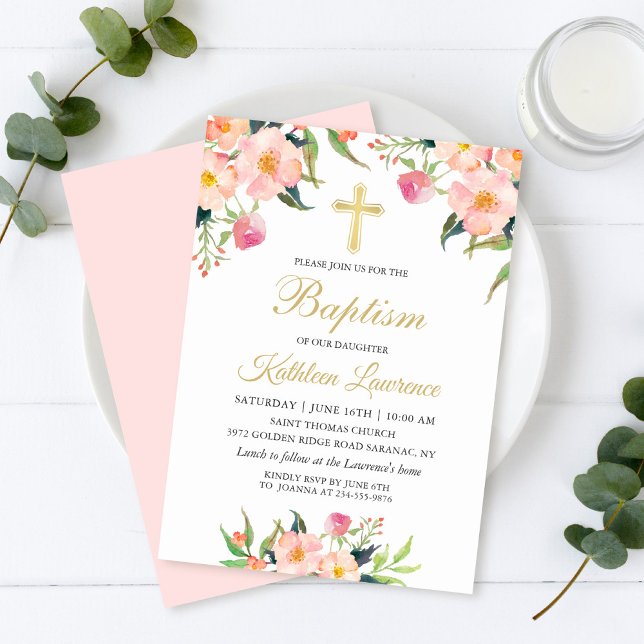 Invitación al bautismo Chica floral rosa acuarela (Subido por el creador)