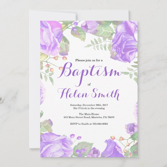 Invitación al bautismo Chica morado floral (Anverso)