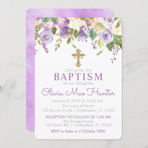 Invitación al bautismo Chica morado floral