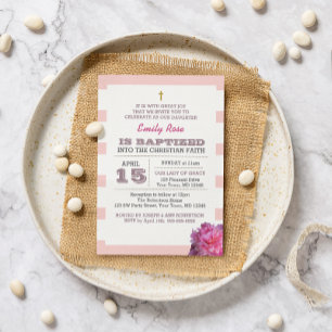 Invitación al bautismo Chica peony y Stripe rosa