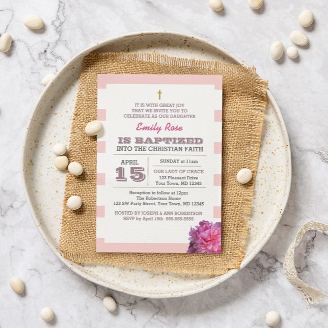 Invitación al bautismo Chica peony y Stripe rosa (Subido por el creador)