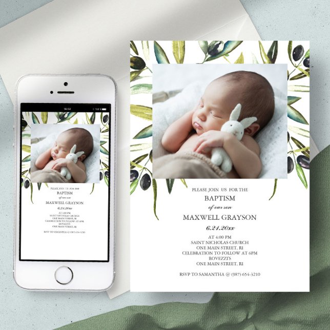 Invitación al bautismo Color de agua Género Foto n (baptism invitation boho botanical watercolor olive branch )
