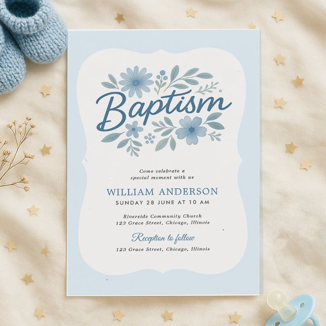 Invitación al bautismo con bordes ondulados floral (Baptism invite with blue floral frame and stars – soft, sweet, and perfect for baby boys

)