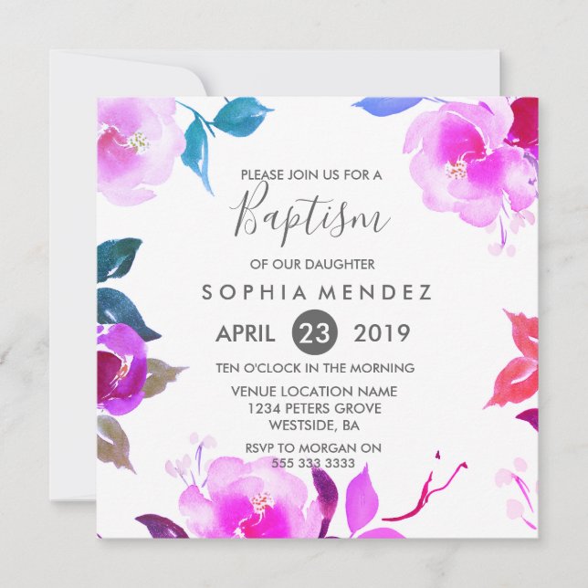 Invitación al bautismo con Chica floral Rosa morad (Anverso)