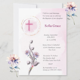 Invitación al bautismo con Chica floral y cruz ros