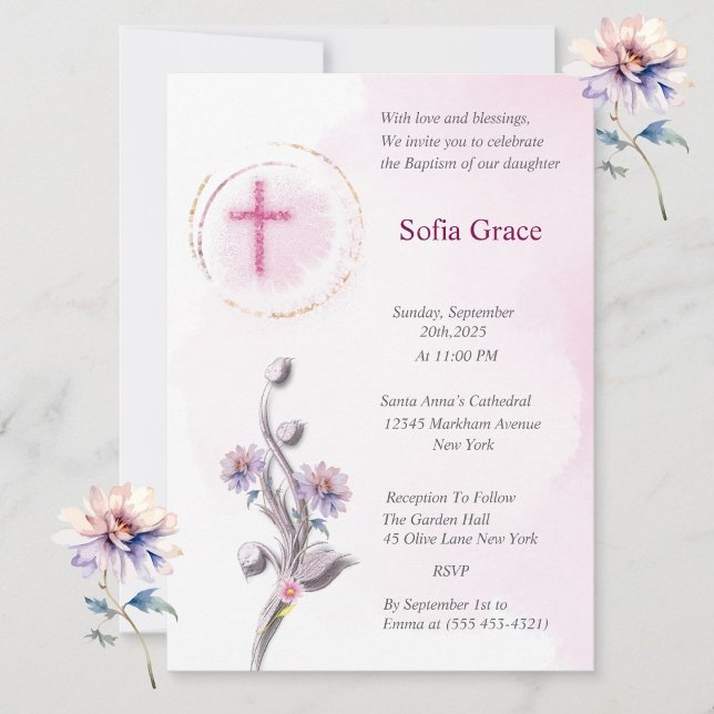 Invitación al bautismo con Chica floral y cruz ros (Subido por el creador)