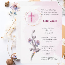 Invitación al bautismo con Chica floral y cruz ros
