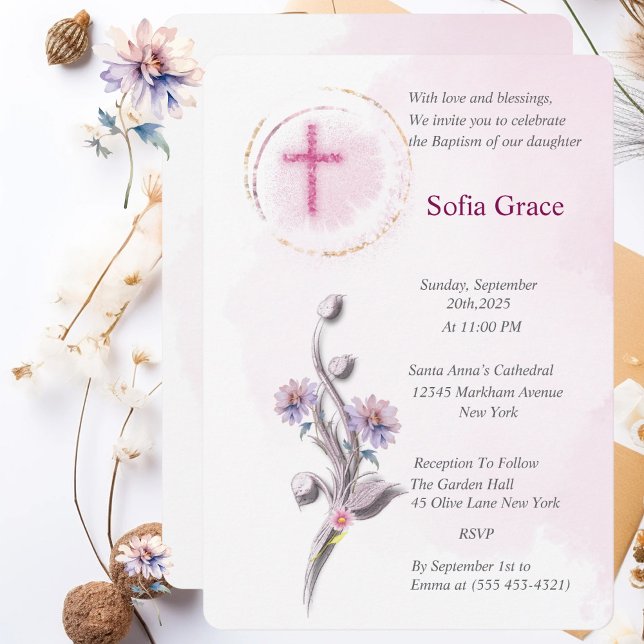 Invitación al bautismo con Chica floral y cruz ros (Subido por el creador)