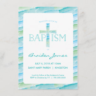 Invitación al bautismo con cruz acuarela - Niño