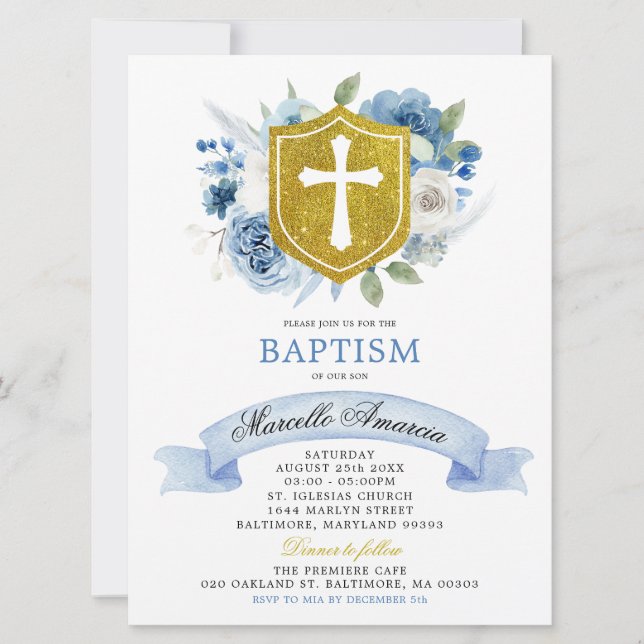 Invitación al bautismo con floral y Escudo de oro  (Anverso)
