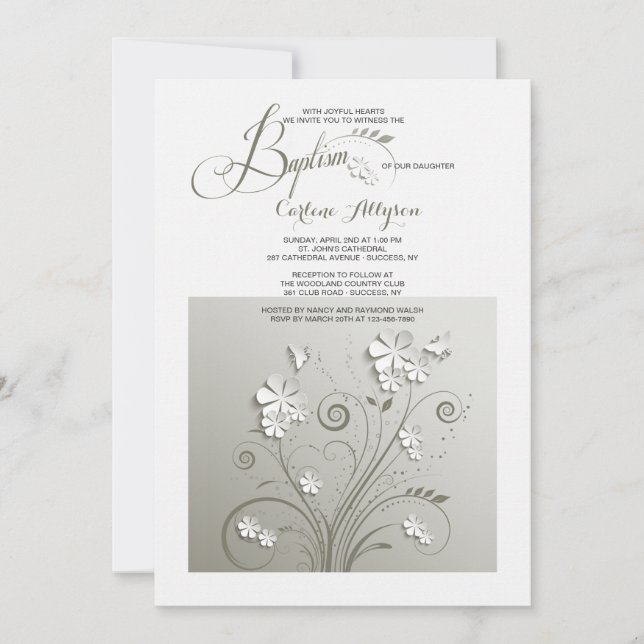 Invitación al bautismo con flores de papel (Anverso)