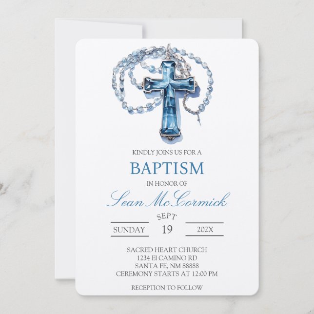 Invitación al bautismo crucifijo azul (Anverso)