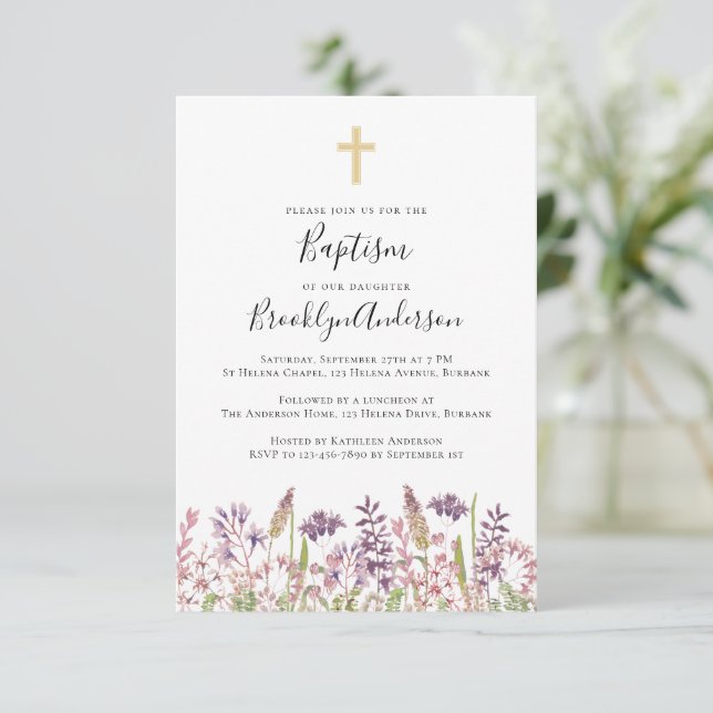 Invitación al bautismo | Cruz de flores silvestres (Anverso de pie)