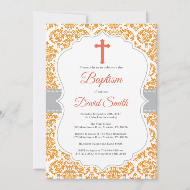 Invitación al bautismo cruzado de damasco naranja (Anverso)