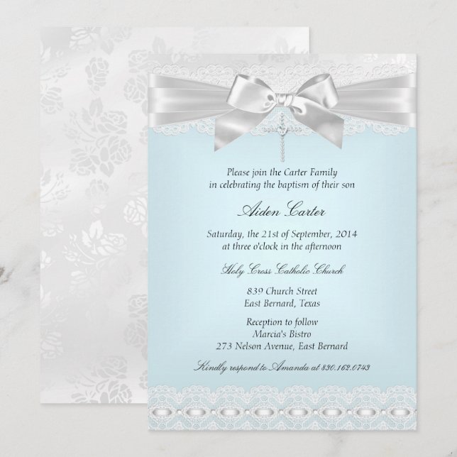Invitación al bautismo cruzado de encaje blanco az (Anverso / Reverso)