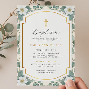 Invitación al bautismo cruzado de oro de eucalipto