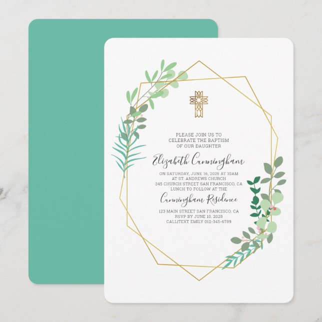 Invitación al bautismo cruzado de oro de follaje g (Anverso / Reverso)