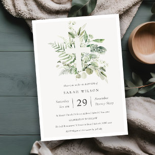 Invitación al bautismo cruzado del follaje verde e