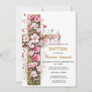 Invitación al bautismo cruzado floral rosa