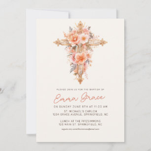 Invitación al bautismo cruzado floral rosa