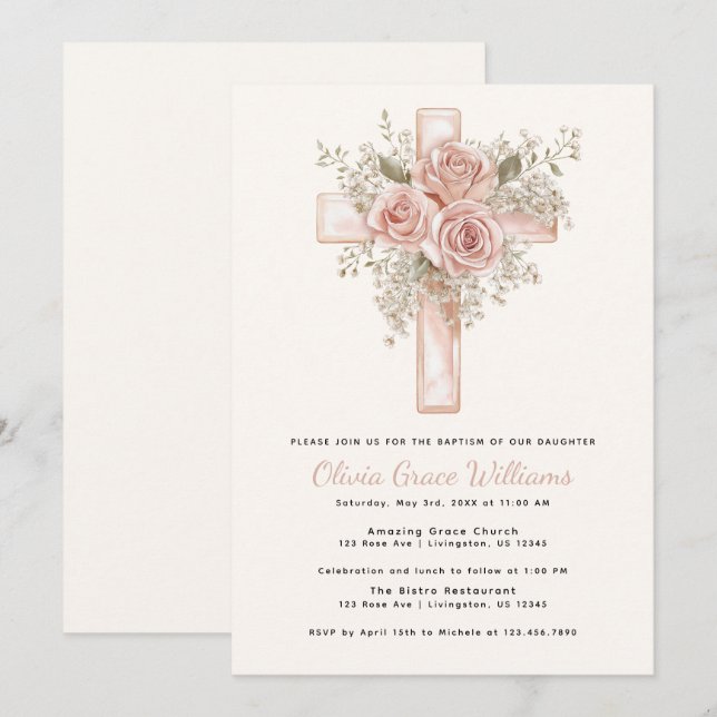 Invitación al bautismo cruzado floral rosa (Anverso / Reverso)