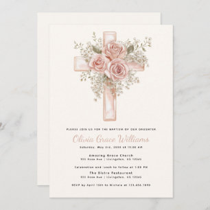 Invitación al bautismo cruzado floral rosa