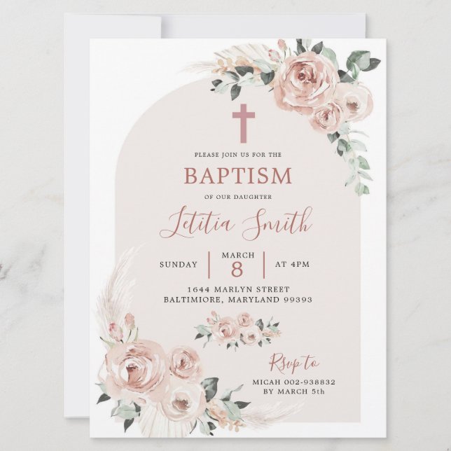 Invitación al bautismo cruzado rosa Rosa polvorien (Anverso)