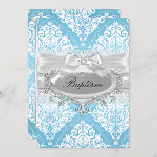 Invitación al bautismo de barbacoa de damasco azul