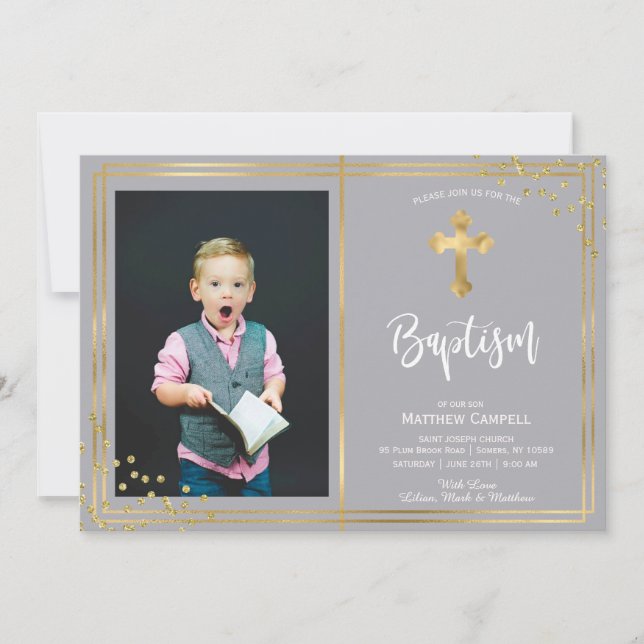 Invitación al bautismo de bautismo azul de oro y m (Anverso)