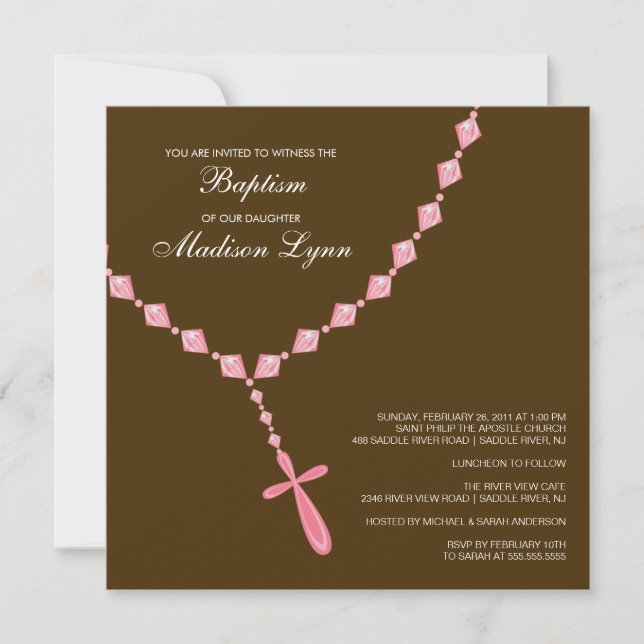 Invitación al bautismo de bebé marrón y rosa (Anverso)