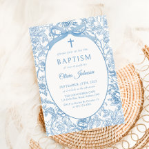 Invitación al bautismo de Blue Bow Floral Chinoise