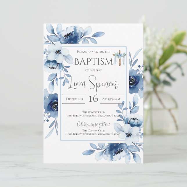 Invitación al bautismo de Blue Floral Boy (Anverso de pie)
