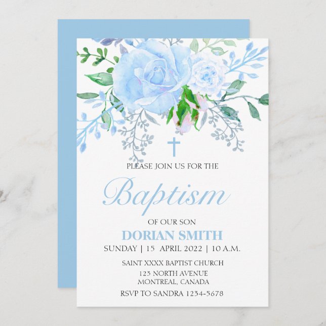 Invitación al bautismo de Blue Floral Boy Baptism (Anverso / Reverso)