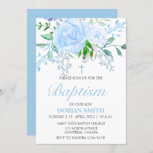 Invitación al bautismo de Blue Floral Boy Baptism