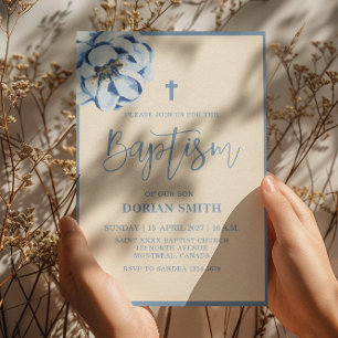 Invitación al bautismo de Blue Floral Boy Baptism