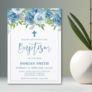 Invitación al bautismo de Blue Floral Boy Baptism