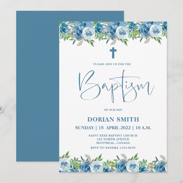Invitación al bautismo de Blue Floral Boy Baptism (Anverso / Reverso)