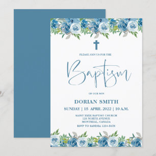 Invitación al bautismo de Blue Floral Boy Baptism